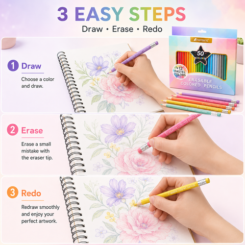 Color Freely, Erase Instantly! 50-Color No-Roll Erasable Pencils