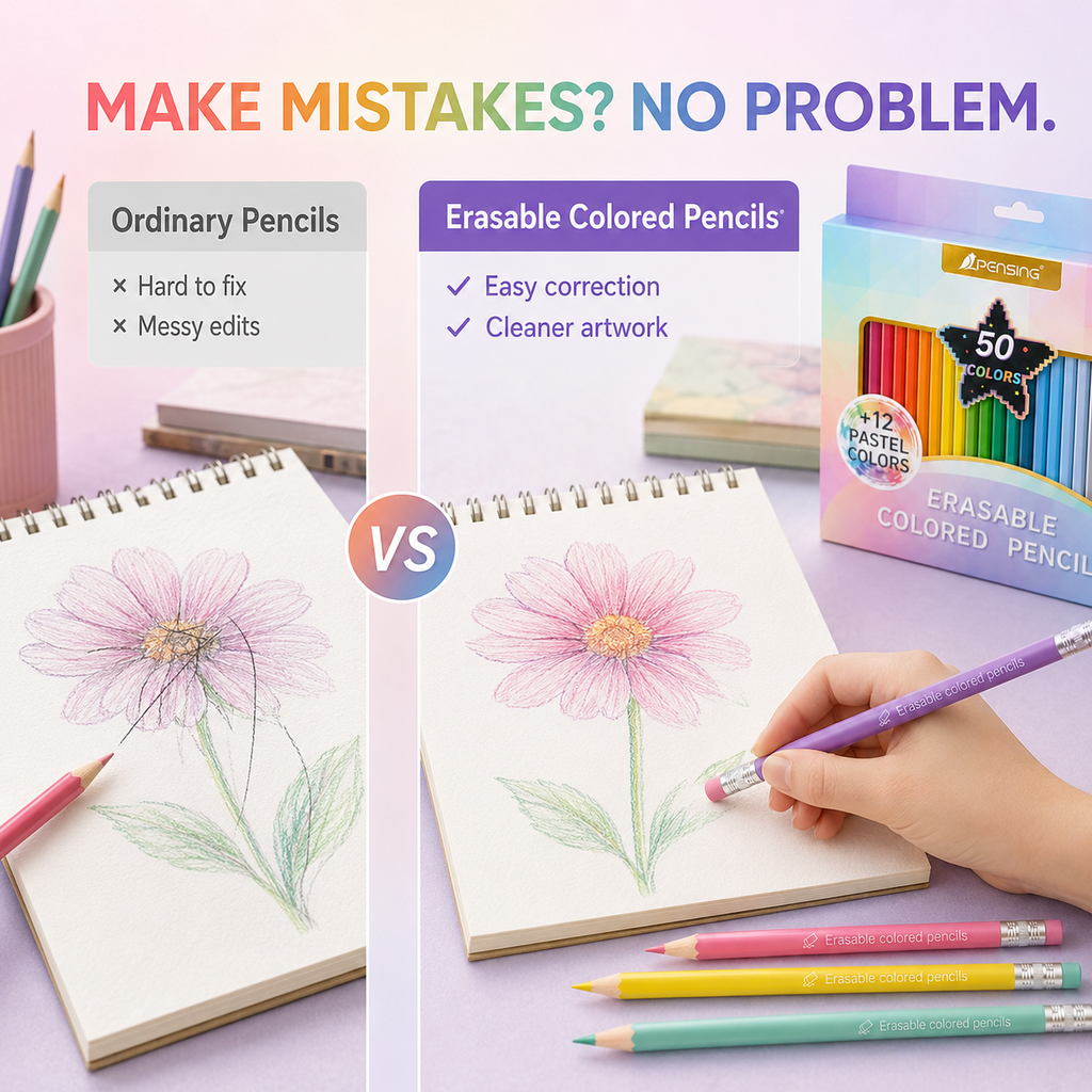 Color Freely, Erase Instantly! 50-Color No-Roll Erasable Pencils
